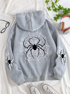 Spider Web Print Kangaroo Pocket Drawstring Thermal Hoodie Grey Casual  Long Sleeve Fabric Graphic Pullovers Slight Stretch  Women Clothing, size features are:Bust: ,Length: ,Sleeve Length: Monster High Hoodie, Modern Hoodie Design, Cool Hoodies Women, Shein Women Outfits, Spider Man Sweatshirt, Prints For Hoodies, Hoodie Sleeve Design, Cute Hoodies Aesthetic, Spider Man Clothes