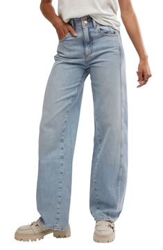 Loose but not too baggy, these vintage-vibe nonstretch jeans stand out with seam details highlighting the full-length legs. 31 1/2" inseam; 18" leg opening; 12" front rise; 15 1/2" back rise (size 29) Zip fly with two-button closure Five-pocket style 100% cotton Machine wash, tumble dry Imported Dad Jeans, Free Jeans, Loose Jeans, Junior Outfits, Off Duty, Bottoms Pants, Straight Leg Jeans, Womens Bottoms, Free People