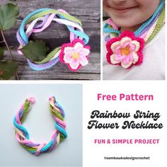 three different pictures with the words free pattern rainbow string flower necklace fun and simple project