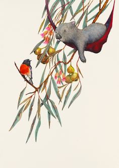 an animal is sitting on a branch with leaves and flowers in it's mouth