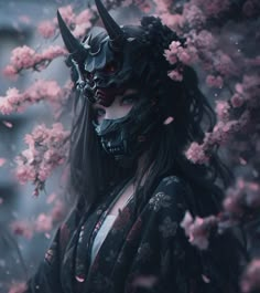 a woman with black hair and horns standing in front of pink blossom trees, wearing an elaborate mask