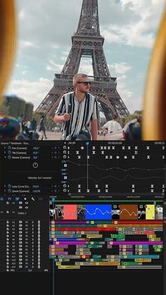 an image of a man in front of the eiffel tower with color bars