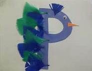 a blue bird with green feathers on it's head and the letter p is made out of plastic bags