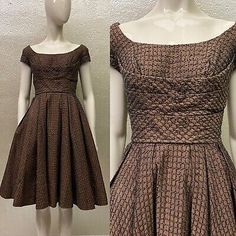 Vintage 1940s-1950s Ladies Handmade Brown Cocktail Dress Gold Crumb-catcher XS  | eBay Chocolate Brown Dress, Gold Cocktail Dress, Brown Dress, Gold Dress, Heavy Cotton, Wool Blend, Vintage Ladies