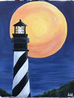 an acrylic painting of a lighthouse at night with the moon in the background