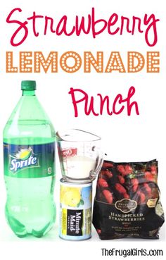 the ingredients to make strawberry lemonade punch are shown in front of a white background