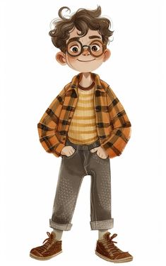 a drawing of a boy with glasses and a plaid shirt on, standing in front of a white background