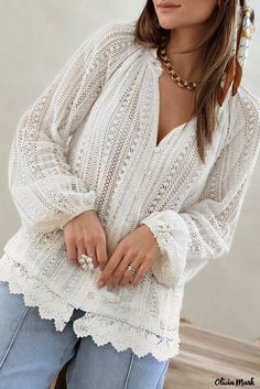 Color: Bright White Delicate Hollowed V Neck Lace Hem Shirt, Size: (US 8-10)M White Lace Shirt, Lace Button, Lace Hem, Complete Outfits, 가을 패션, Komplette Outfits, Lace Shirt, Mode Inspiration, Sweater Blouse