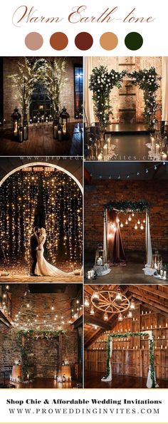 a collage of photos showing the inside of a barn with lights and greenery