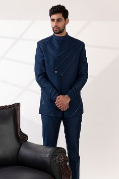 Buy Blue Terriwool Embroidered Sequin Pintucked Bandhgala With Pant For Men by Tira by Naresh Raj Online at Aza Fashions. Indian Wedding Suits Men, Beaded Neckline, Blue Cross, Wedding Suits Men, Band Collar, Wedding Suits, Aza Fashion, Sleeve Type, Mens Suits