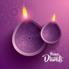 happy diwali greeting card with two lit candles on purple background royalty photo - illustration