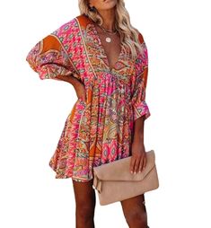 Buy More! Save More! Hippie Boho Print V-neck Dress, Printed V-neck Boho Dress For Festivals, Chic Multicolor V-neck Dress For Vacation, Hippie V-neck Mini Dress For Spring, V-neck Midi Dress With Paisley Print For Beach, Patterned V-neck Midi Dress For Beach, Patterned V-neck Maxi Dress With Vibrant Print, Festival Floral Print V-neck Dress, Patterned Flowy V-neck Mini Dress