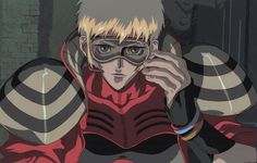 an anime character with blonde hair, glasses and a red shirt is posing for the camera