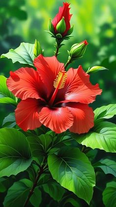 a red flower with green leaves in the background