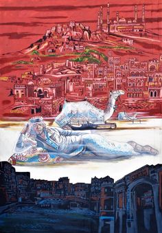 a painting of a woman laying on the ground in front of a city