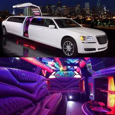 the inside and outside of a limo with lights on it's side, in front of a city skyline