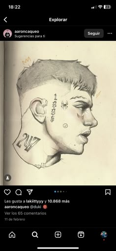 a drawing of a man's face with tattoos on his forehead and neck is shown