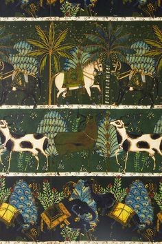 four paneled painting with animals and plants in the foreground, on green background