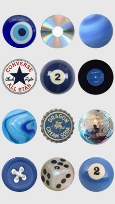 several different types of blue and white balls