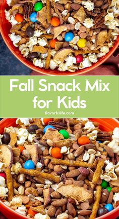 two red bowls filled with halloween snack mix and the words fall snack mix for kids