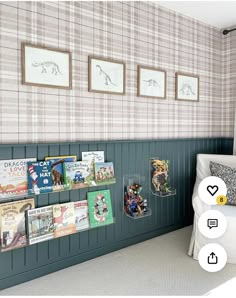 a bed room with a neatly made bed and pictures on the wall