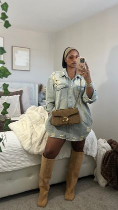 Tan Boots Outfit Black Women, Sand Suede Boots Outfit, Fall Boots Outfit Black Women, Girly Fall Outfits Black Women, Cream Boots Outfit Black Women, How To Style Brown Boots Knee Highs, Dress With Boots Black Women, Fall Outfits With Knee High Boots, Outfits With Boots Black Women