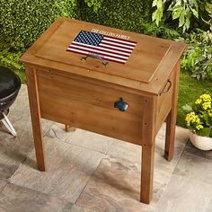 a wooden table with an american flag on it