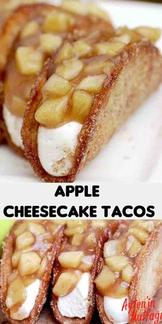 apple cheesecake tacos on a white plate with apples in the background and text overlay