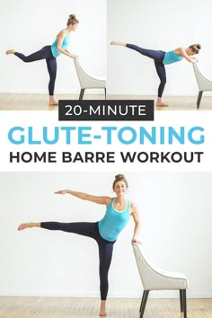 a woman doing a yoga pose with the text 20 minute glute - toning home bare workout