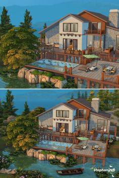 two views of the same house from different angles, one shows an outdoor deck and another shows