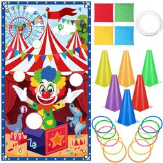 PRICES MAY VARY. Package Set Includes: the carnival circus games set includes 10 x carnival games ring toss, 4 x bean bags, 6 x tossing cones, 1 x carnival toss games banner and 1 x storage bag, 1 x rope, sufficient quantities can satisfy people who attend party to play, the storage bag also can organize and store these game accessories after party; Attention that the rings and plastic cones' colors are random Size and Material: the toss games banner is made of stain cloth, about 53 x 30 inch, t Snowman Hamper Toss Game, Bottle Ring Toss Carnival Game, Bean Bag Games, Throwing Games, Game Banner, Carnival Circus, Kids Carnival, Bean Bag Toss Game, Carnival Themed Party