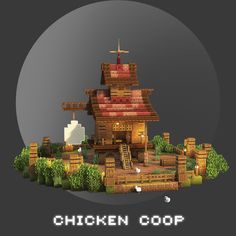 the chicken coop is made out of wood and has a small tower with a cross on top