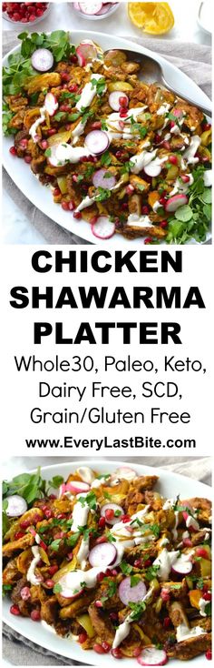 This Whole30 Chicken Shawarma is such a tasty dishThe marinated chicken is baked in the oven and topped with tahini(PaleoKeto) Shawarma Platter, Whole 30 Keto, Lemon Tahini Sauce, Chicken Shawarma Recipe, Shawarma Recipe, Whole30 Dinners, Healthy Grains, Chicken Shawarma, Tahini Sauce