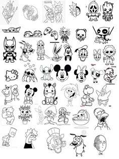 various cartoon characters are drawn in black and white, with the same character on each side