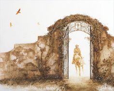 a painting of a man riding a horse through an archway