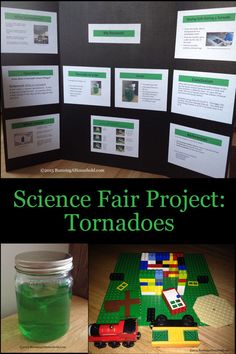 the science fair project tornadooes is displayed with green liquid and legos on it