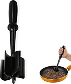 a person holding a spatula and frying pan with food in it next to a wall mounted pot holder