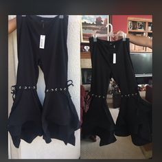 Black Trumpet Bell Pants Edgy Flare Bottoms For Party, Black Flare Bottoms For Night Out, Black Flare Pants For Party, Black Flare Wide Leg Pants For Night Out, Black Flare Wide Leg Pants For Summer, Black Ankle-length Party Pants, Edgy Black Flare Pants, Chic Black Flare Pants, Black Flare Wide Leg Pants For Spring