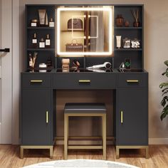 a desk with a mirror, stool and lights on it in a room that has wood floors