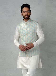 white cotton silk kurta pajama with embroidery westcoat set NOTE: All our items are handmade and specially customized for our beautiful customers. Please expect minor variations in the actual product as compared to the image displayed. We make it exclusively using similar fabrics. Product color may slightly vary due to photographic lighting sources or your monitor settings. Order will not be canceled once placed. Please check our terms & conditions before placing an order. For Express Shipping Please contact me, We will try our best to deliver the product as soon as possible. Dry cleaning only Kurta Pajama Koti Men, Festive White Nehru Jacket With Dabka, Festive White Nehru Jacket With Naqshi Detailing, White Raw Silk Nehru Jacket With Dabka, Festive White Nehru Jacket With Naqshi, Cotton Nehru Jacket For Puja And Eid, Cotton Nehru Jacket For Eid Puja, Traditional White Nehru Jacket With Dabka, White Nehru Jacket With Naqshi For Diwali