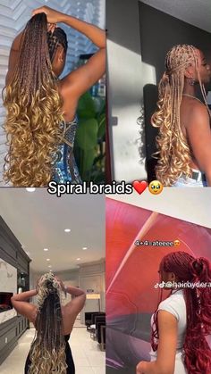 French curls or Spiral braidsBeautiful for dark skinned girls French Spiral Braids, Layered Spiral Braids, How To Style Spiral Braids, Spiral Braids Hairstyles, Spiral Braids For Black Women, Dark Brown French Curl Braids, Spiral Curls For Black Women, Braids Dark Skin