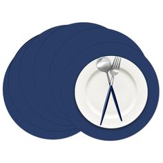 three plates with forks and spoons on them are shown in blue, against a white background