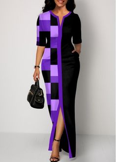 #halfsleeve #splitfront #geometric #black #purple #long #stylishdress #longdress #maxi #stylish #party #modern #splitneck #pocket Purple Maxi, Purple Maxi Dress, Straight Clothes, Fashion Dresses Online, Women Long Sleeve Dress, Straight Dress, Dresses Elegant, Hip Dress, Vestido Casual