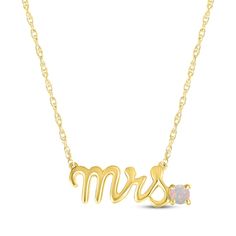 Mark a bride's change of status with this charming necklace featuring "Mrs." spelled out in elegant 10K yellow gold letters. A lab-created opal perfectly punctuates the word art, adding sparkle and making it a delightful piece to highlight the unique sense of style of the wife-to-be. The pendant rests amidst an 18-inch rope chain that secures with a spring ring clasp. Mrs Necklace, Wife To Be, White Lab, Gold Letters, Accessories Jewelry Necklace, Rope Chain, Word Art, Spring Rings, Wedding Colors