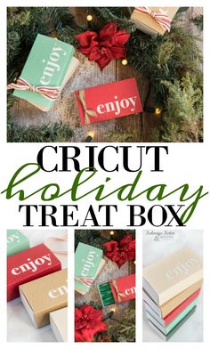 the cricut holiday treat box is decorated with red and green ribbon