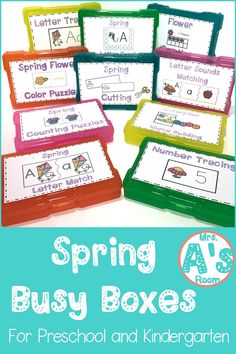 spring busy boxes for preschool and kindergarten with the words spring on them