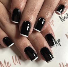 Black Nails With White Tips French Manicures, White With Black Tip Nails, Short French Tip Acrylic Nails Design Black And White, Black Nails Gel Short, Black Nails White Tips, Black Nails With White Tips, Black And White Nail, Tape Nail Art, Mickey Nails