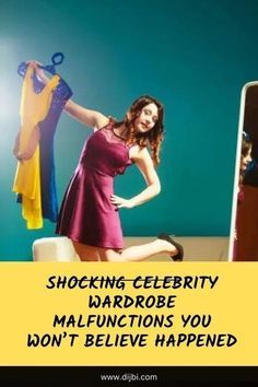 a woman in a purple dress is holding clothes and looking at her mirror with the caption saying shocking celebrity wardrobes you don't believe happened