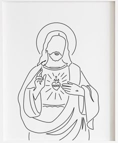 a black and white drawing of jesus holding the heart of jesus with his hands in front of him