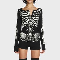 Goth Dark Skull Bone Print Anime Long Sleeve Skinny Playsuits Mall Gothic Button Up Rompers Halloween Cosplay Women, Women Techwear, Dark Skeleton, Dark Skull, Black Dolls, Skeleton Print, Costume Store, Romper Black, Print Bodysuit